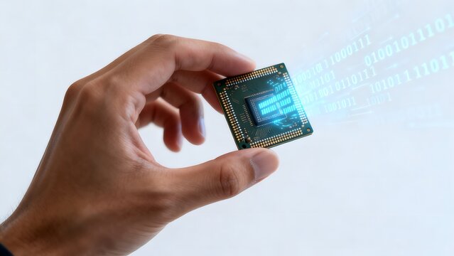 Hand holding microchip with binary code