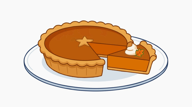 A delicious pumpkin pie with a slice removed, ready to be served. The pie is perfectly baked with a golden crust and a smooth, creamy filling. Isolated on white background