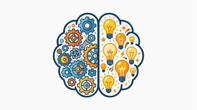 Illustration of a brain split into two halves, one with gears representing logic and the other with lightbulbs representing ideas and creativity.
 Isolated on white background