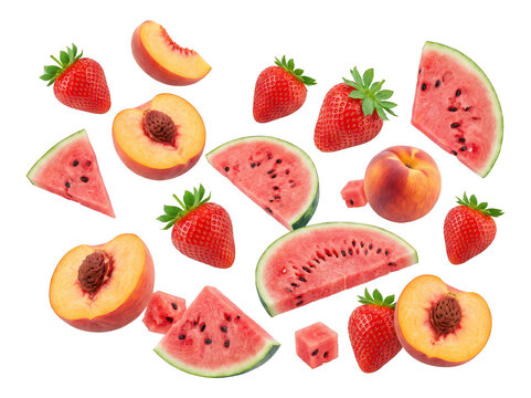 Falling mixed summer fruits isolated on transparent background