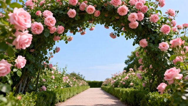 Pink rose archway in garden