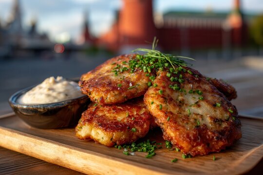 Crispy draniki served with sour cream and applesauce