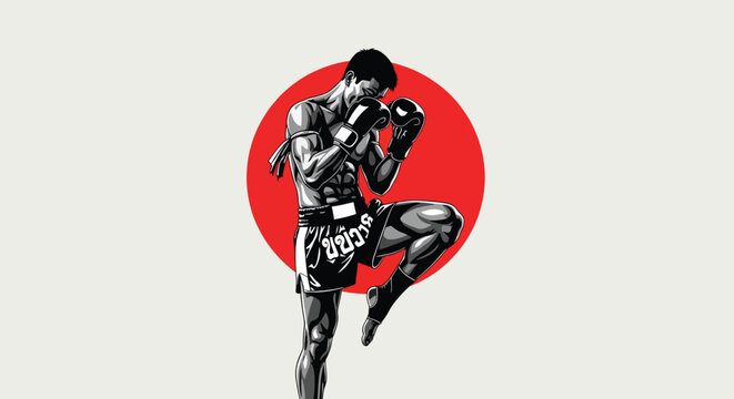 Muay Thai Fighter Silhouette Against Red Circle Background.
