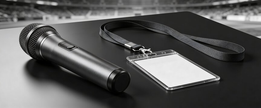Professional microphone and blank media ID badge on a desk with a blurred stadium background