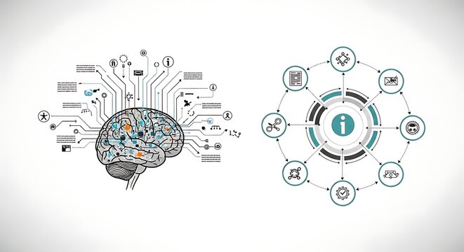Mind map illustration with brain and gears concept.
