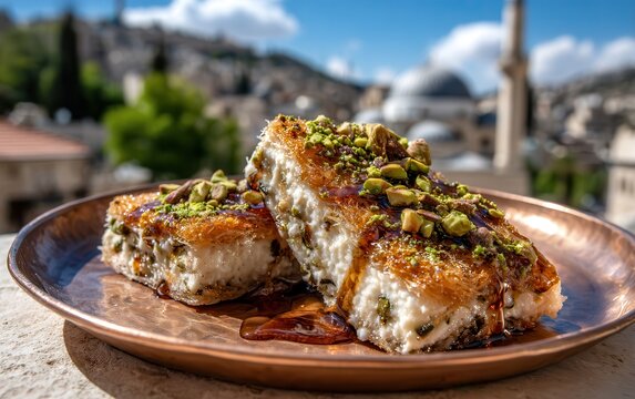 Nabulsi knafeh served with syrup and pistachios in Nablus