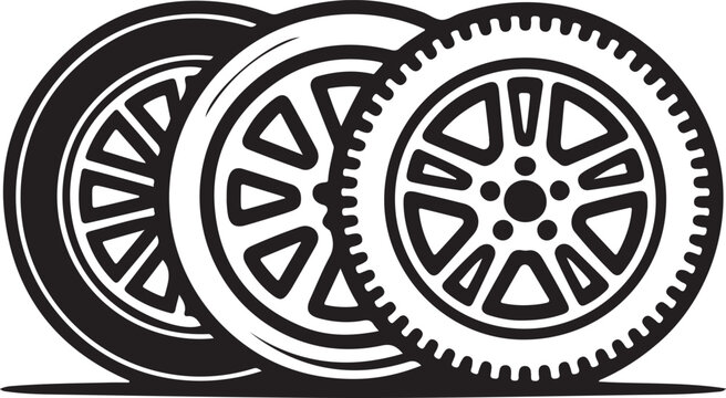 Three overlapping car wheels with different rim styles and tire tread patterns in a black and white alloy