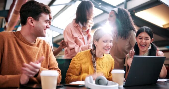 Success, happy or people in college with laptop, thesis results or good news on team project. University, flare or students with tech, academic achievement or lecturer approval on group submission.