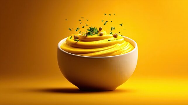 Yellow split pea puree with onion and capers in bowl