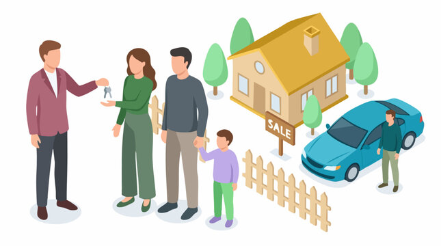 Isometric illustration of family buying new house and car with agent