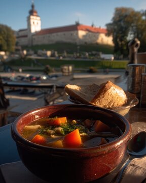 Flaki served in a bowl with bread near Jasna Gra Monastery