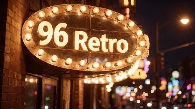 Vintage Oval Marquee Sign 96 Retro at Night - An oval vintage marquee sign with illuminated bulbs displays "96 Retro" text in a retro style at night.