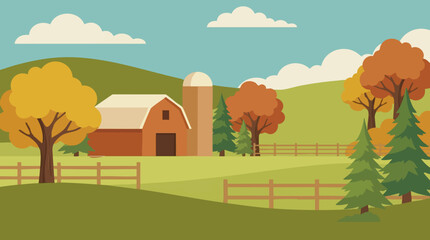 Autumn farm landscape illustration with barn, silo, and colorful trees © Luna