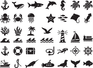 Obraz premium Set of black and white nautical and travel icons collection isolated on transparent background, Vector