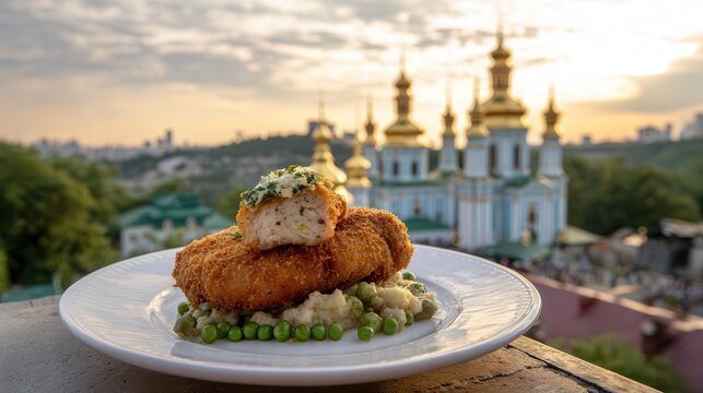 Kyiv cutlet served with mashed potatoes and green peas