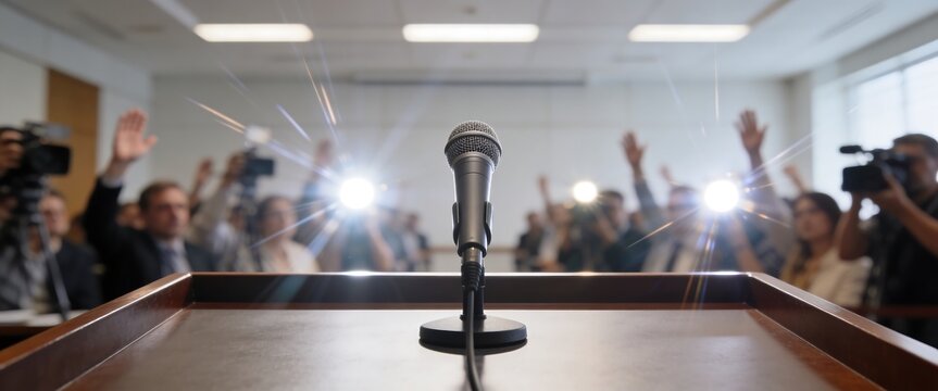Microphone on a podium at a crowded press conference with journalists and camera flashes