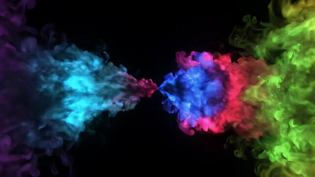 Vivid Color Pulses Expanding Against Black Background - Two streams of vibrant, colorful smoke collide and expand rhythmically against a stark black background.