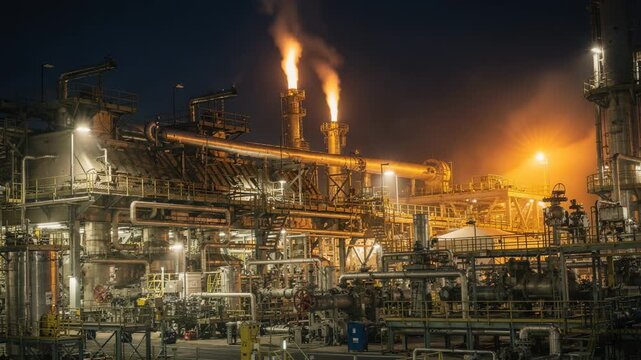 Medium shot of a catalytic reformer furnace area glowing under night skies with bright flare stacks illuminating the complex industrial scene