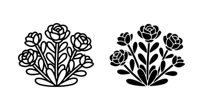 Elegant Rose Bush Vector Icons, Black and White Floral Graphics, Simple Botanical Illustrations for Design