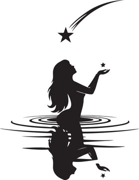 Silhouette of woman kneeling in water reaching for a falling star
