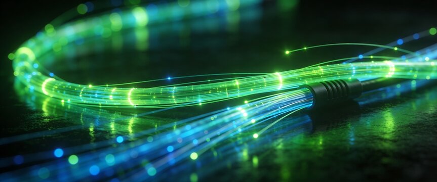 Glowing fiber optic cables transmitting high-speed digital data in a futuristic network environment