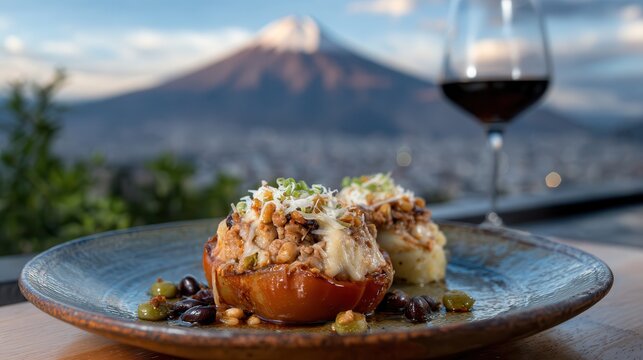 Rocoto relleno served with pastel de papa at Misti Volcano