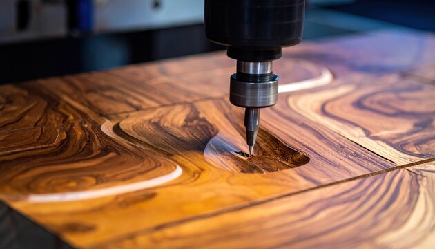 CNC Router Bit Precision Carving Detailed Wood Grain Pattern in Workshop