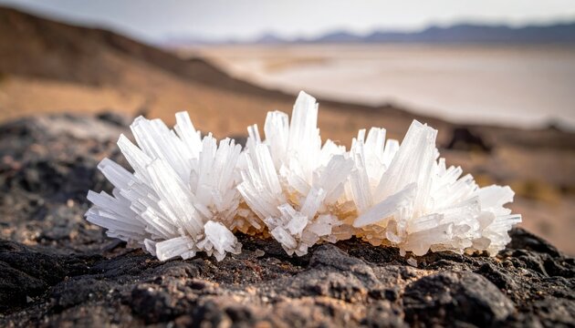 Delicate crystalline salt formations emerging from a dark, rough rock surface in a dry, arid landscape