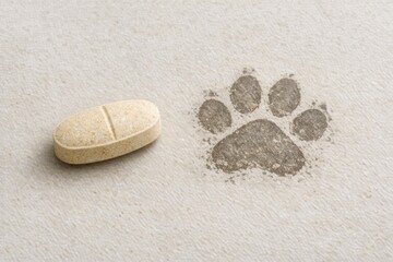 Obraz premium A single pill resting beside a dog's paw print, ideal for medical or pet-related concepts