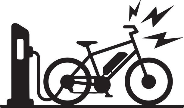 Electric bicycle charging at a station with lightning fast speed icon. Black icon silhouette vector