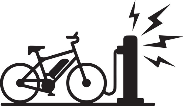 Electric bicycle charging at a station with lightning fast speed icon. Black icon silhouette vector