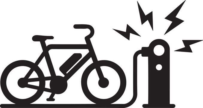 Electric bicycle charging at a station with lightning fast speed icon. Black icon silhouette vector