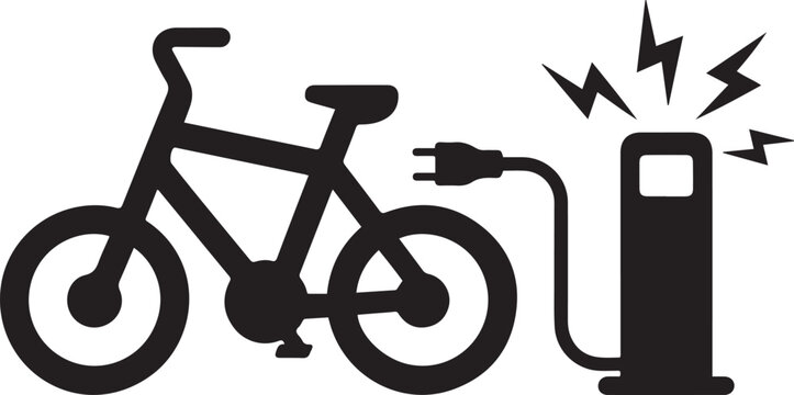 Electric bicycle charging at a station with lightning fast speed icon. Black icon silhouette vector