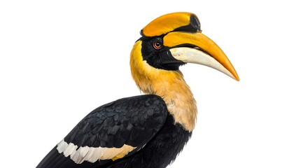 Obraz premium A large bird with a distinctive horn-like beak and vibrant orange and black feathers
