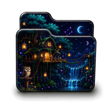 Magical night forest folder icon with treehouse and waterfall interior

