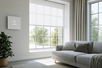 Fototapeta premium Living room with automated window shades controlled by smart home panel