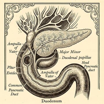Detailed anatomical diagram of the duodenum and pancreatic ducts.