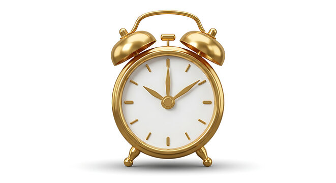 Luxury golden 3D render vintage alarm clock with shiny metallic surface and white dial on clean background, elegant retro antique timepiece in realistic style for decoration, poster and premium design