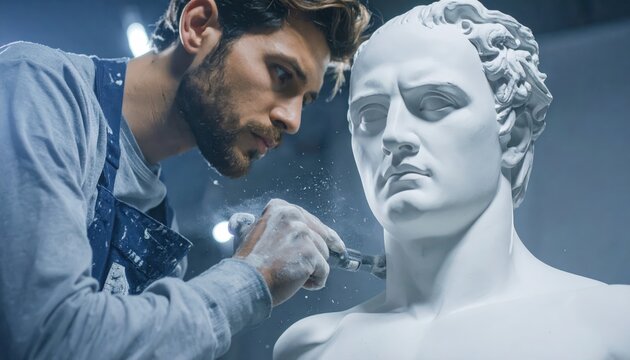 Focused sculptor meticulously carves intricate details into a white marble statue in a dusty studio environment.