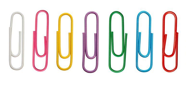 Colorful paper clips set in a row isolated on transparent background office and school supplies organization concept.
