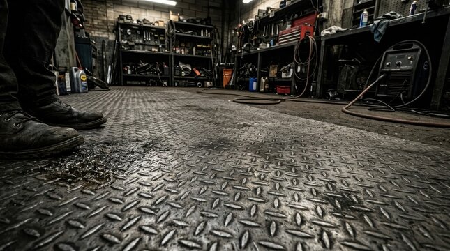 Gritty Automotive Workshop Interior with Tools and Shelving on Textured Metal Floor