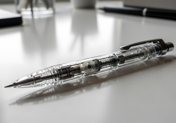 Fototapeta premium A clear mechanical pencil with visible internal mechanisms rests on a white desk surface.