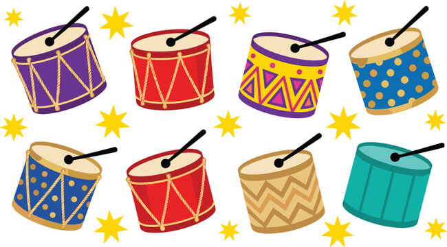 Colorful drum illustration with festive percussion instruments, decorative patterns, drumsticks, and vibrant musical celebration vector concepts