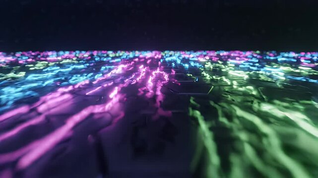 Abstract Neon Hexagonal Grid Background - A low-angle view of a dark, abstract surface with a hexagonal grid pattern.