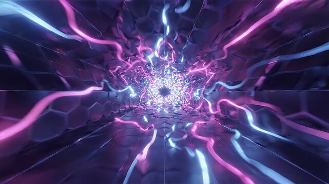 Abstract Hexagonal Tunnel with Neon Light Trails - A futuristic, abstract tunnel with a hexagonal grid pattern.