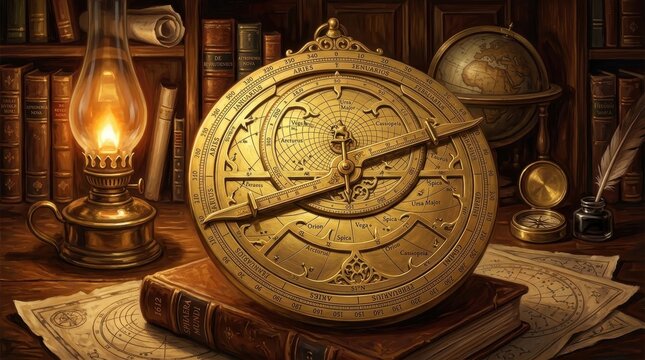 Intricate Golden Astrolabe Instrument for Celestial Navigation and Astronomical Study