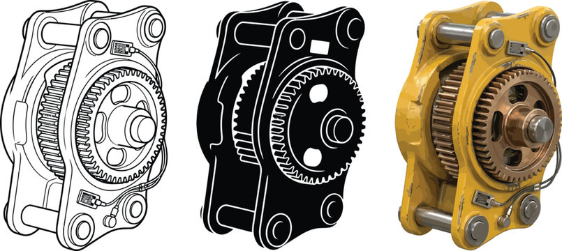 Vector illustration of a heavy machinery final drive or gear assembly presented in outline solid black and realistic yellow rendering for industrial and engineering design