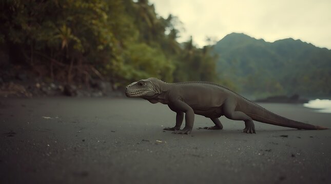 Large prehistoric dinosaur on beach shore.