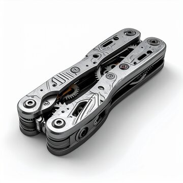 "Metallic multi-tool in folded position with stainless steel polished finish, compact design featuring pliers, screwdrivers, knife blades, durable versatile portable device for repairs and outdoor tas