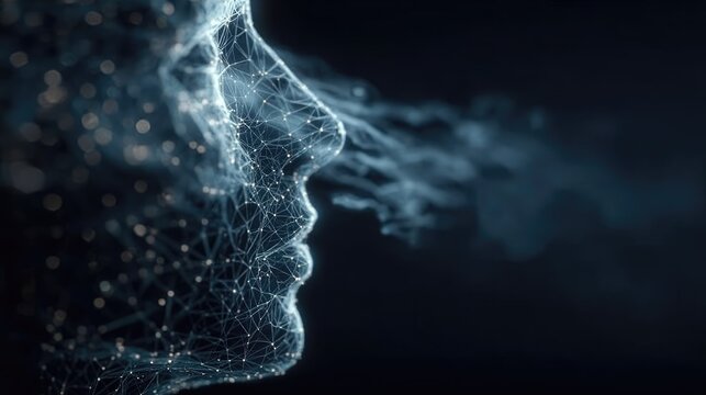Digital profile of human face with glowing network particles.